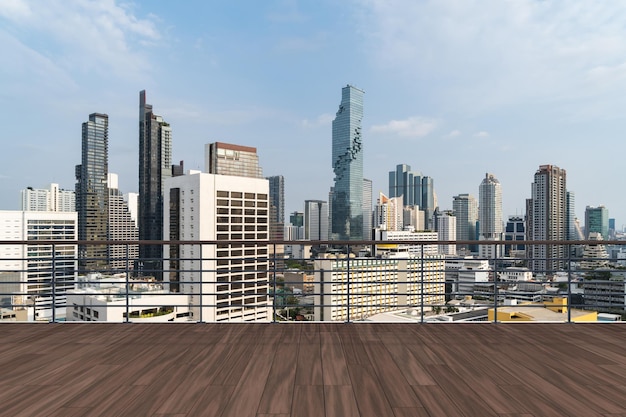 Panoramic bangkok skyline view wooden observatory deck on
rooftop daytime luxury asian corporate and residential lifestyle
financial city downtown real estate product display mockup empty
roof