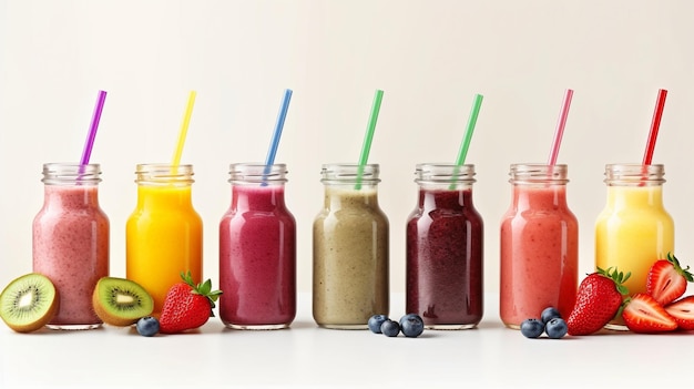 Photo a panoramic banner shows a row of wholesome fresh fruit and vegetable smoothies with various additions delivered in glass bottles with straws generate ai