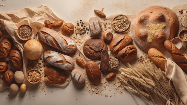 Panoramic banner with rustic bread Top down view