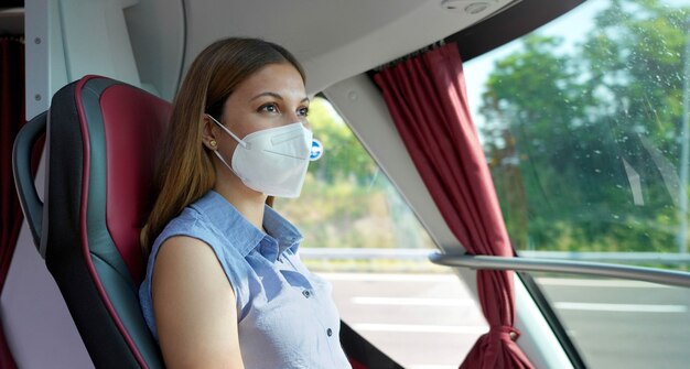 Banner panoramico di giovane donna con maschera protettiva kn95 ffp2 che guarda attraverso il finestrino dell'autobus durante il suo viaggio