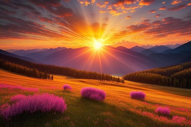 Sunrise and spring flowers 4K wallpaper download