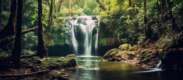 Panoramic beautiful deep forest waterfall