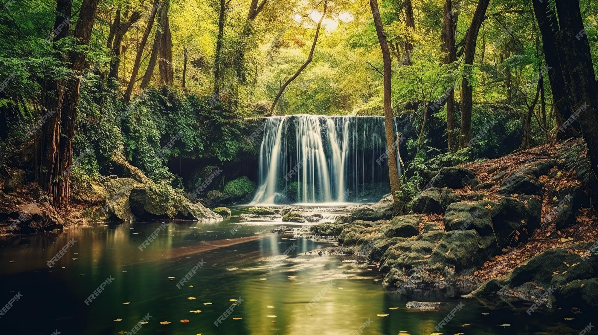 Premium Ai Image Panoramic Beautiful Deep Forest Waterfall