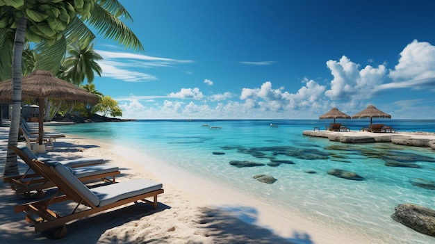 Photo panoramic beautiful sandy beach with sunbeds