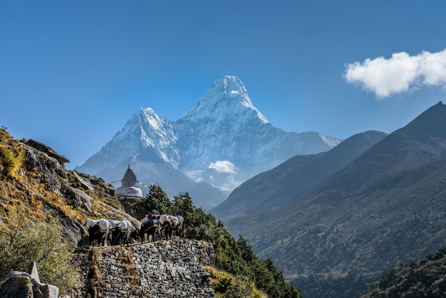 에베레스트 기지로가는 길에 아름다운 하늘이있는 Ama Dablam 산의 탁 트인 아름다운 전망