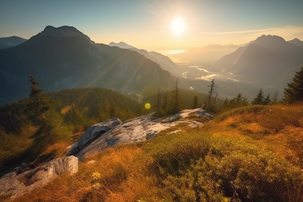 Панорамный_канадский_пейзаж_с_горами_и_солнцем