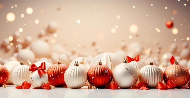 Панорамный рождественский фоновый свет Нового года шары на размытом фоне ИИ сгенерированное изображение