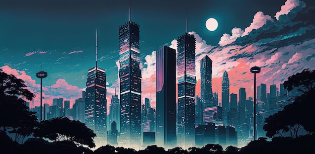 Panoramic cityscape in cyberpunk futuristic style Skyscrapers in neon retrowave colors Generative AI