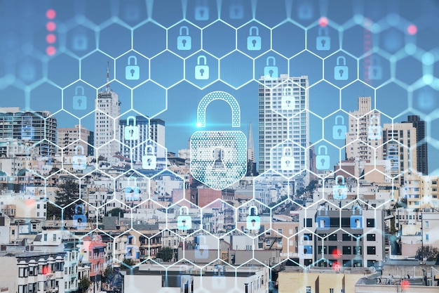 Panoramic cityscape view of San Francisco financial downtown at day time from rooftop California United States The concept of cyber security to protect confidential information padlock hologram