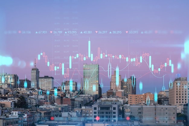 Panoramic cityscape view of San Francisco Nob hill area sunset midtown skyline California US Forex graph charts hologram The concept of internet trading brokerage and fundamental analysis