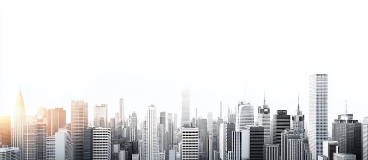 Photo panoramic cityscape view at sunrise with many skyscrapers