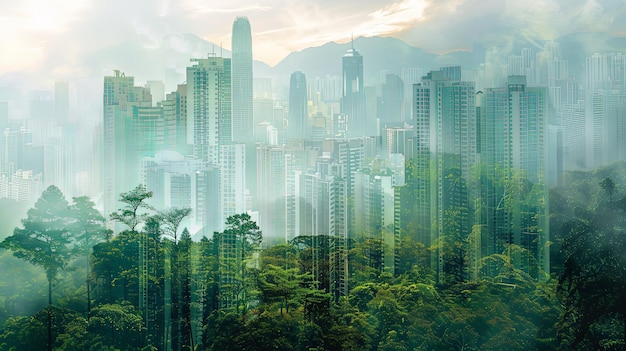 panoramic cityscape with double exposure overlay of green forest
