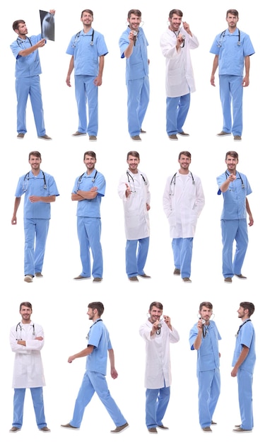 Panoramic collage group of medical doctors isolated on white background