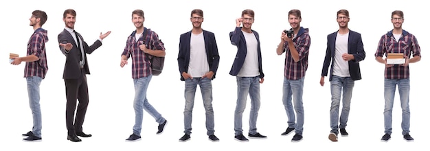 Panoramic collage of selfmotivated young man isolated on white background