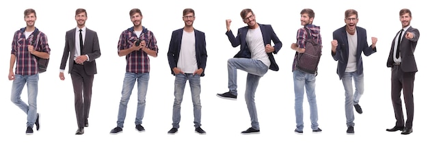 Panoramic collage of selfmotivated young man isolated on white