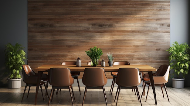 Panoramic Conference Room Corner With White Walls A Long Wooden Table And Black Chairs