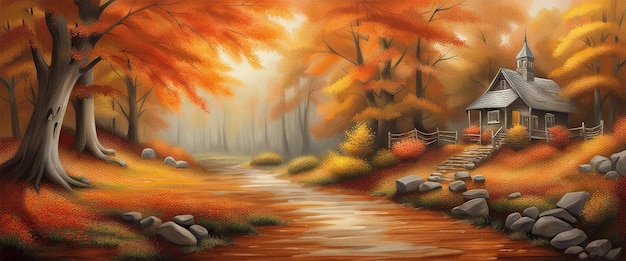 Panoramic countryside landscape in autumn banner autumn landscape mountains and maple trees fallen with yellow