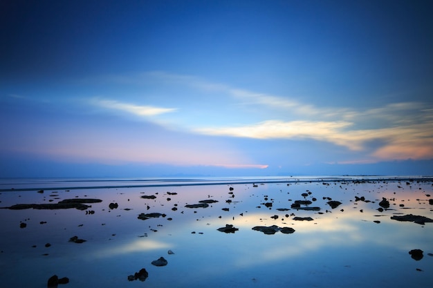 Panoramic dramatic tropical blue sky and sea at sunset