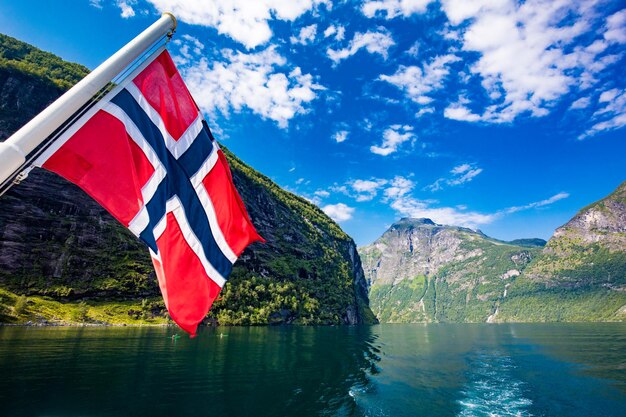 Panoramic and drone landscape of Geiranger fjords Geirangerfjord Norway