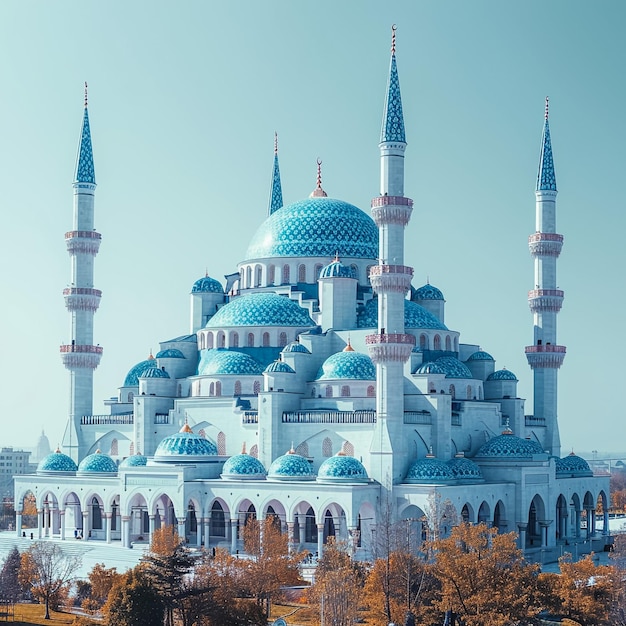 Panoramic Exterior of Sheikh Zayed Mosque with lights during blue hour