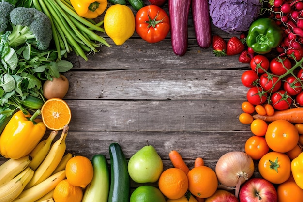 Панорамный пищевой фон с ассортиментом свежих органических фруктов и овощей в цветах радуги