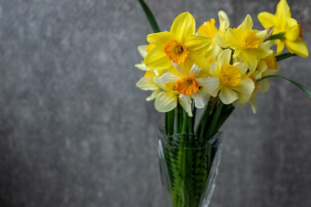 Panoramic grunge background with yellow daffodil flowers\
pattern with a bouquet of daffodils flowers on a dark background\
wide angle web banner mockup with copy space