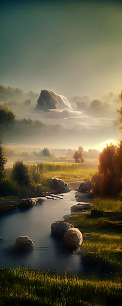 Panoramic Illustration of peaceful landscape with a natural setting cinematic and beautiful landscape illustration