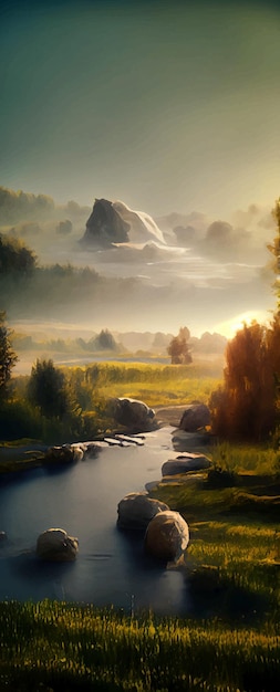 Panoramic Illustration of peaceful landscape with a natural setting cinematic and beautiful landscape illustration