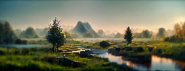 자연 설정 영화와 아름다운 풍경 일러스트와 함께 평화로운 풍경의 파노라마 그림