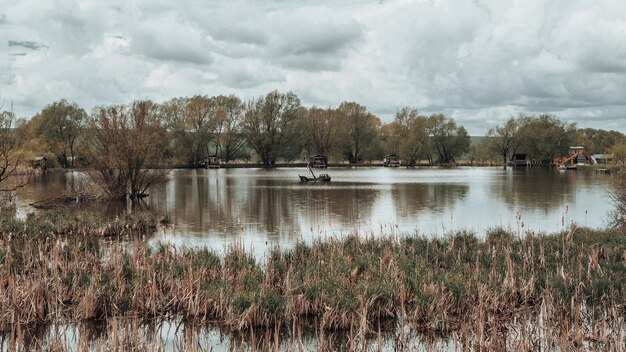 Panoramic image of the lake in the village