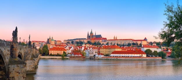 Panoramic image of Romantic Prague at dawn