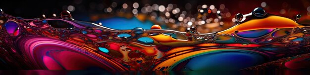 Панорамное изображение прозрачных красочных капель масла крупным планом Абстрактный фон Генеративный AI