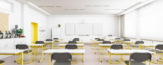 Panoramic interior of an empty modern classroom with hand sanitizer and sink