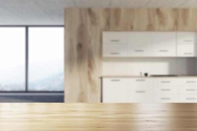 Photo panoramic kitchen white countertops blur