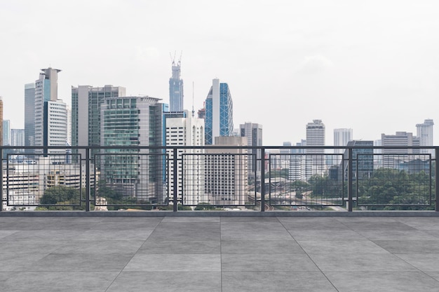 Panoramic Kuala Lumpur skyline view concrete observatory deck on rooftop daytime Asian corporate and residential lifestyle Financial city downtown real estate Product display mockup empty roof