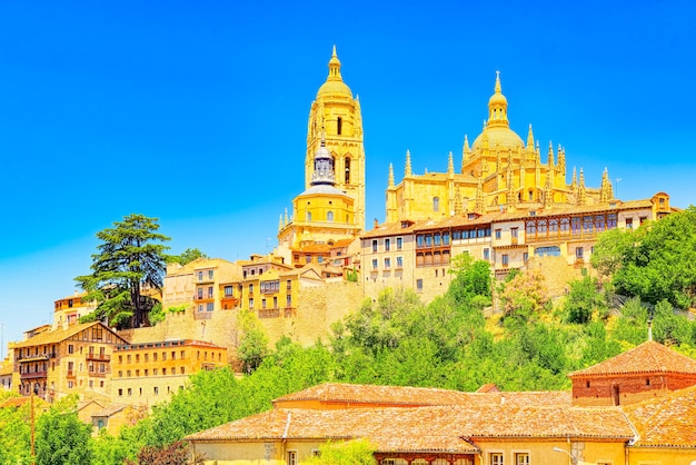 Panoramic landscape at the ancient city and cathedral of segovia, near madrid.