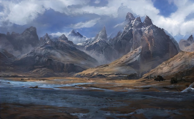 Panoramic landscape of fabulous mountains, mountain peaks amazing view. The magical nature of the valley of mountains and ridges. Illustration