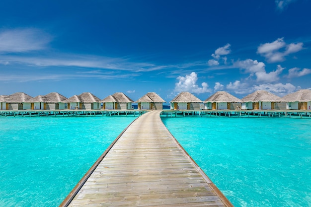 Panoramic landscape of Maldives beach Tropical panorama luxury water villa resort with wooden pier