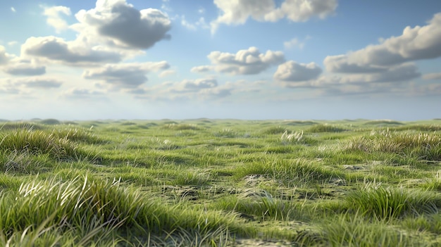 Фото Панорамный пейзаж пышного зеленого травяного поля, простирающегося на расстояние под голубым небом, усеянным пушистыми белыми облаками