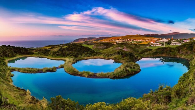 Photo panoramic landscape overlooking three amazing ponds lagoa de santiago rasa and lagoa azul lagoa