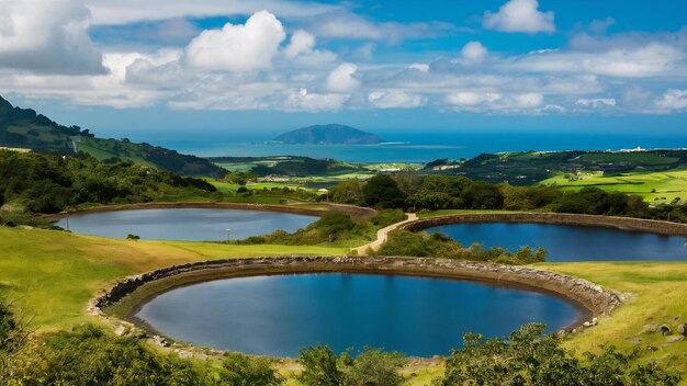 Photo panoramic landscape overlooking three amazing ponds lagoa de santiago rasa and lagoa azul lagoa