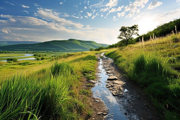 Photo panoramic landscape picture of green forest with mountain and trees on surface