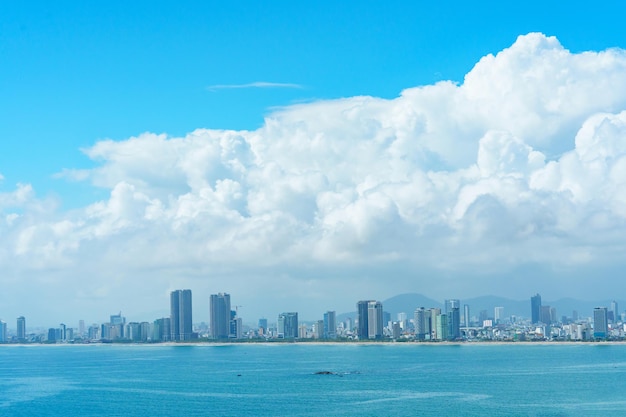 Panoramic landscape scenery of Danang city Vietnam along coastline at Son Tra peninsula