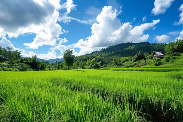 Panoramic landscape view of green grass field agent blue sky in countryside of thailand