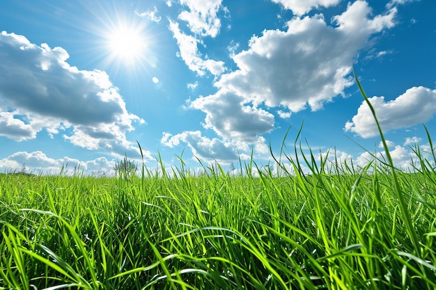 Panoramic landscape view of green grass field agent blue sky in countryside of thailand