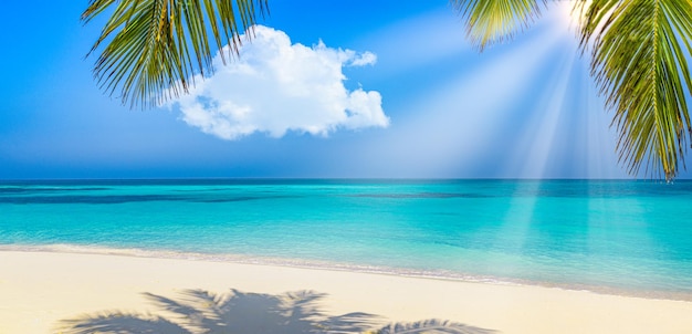 Panoramic landscape view of white beach sand sea water blue sky clear background. Tropical paradise