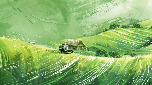 Panoramic landscape with green hills and a small house The image is in watercolor style