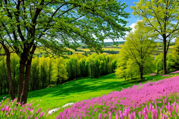 Photo panoramic landscape with multicolor spring flowers nature