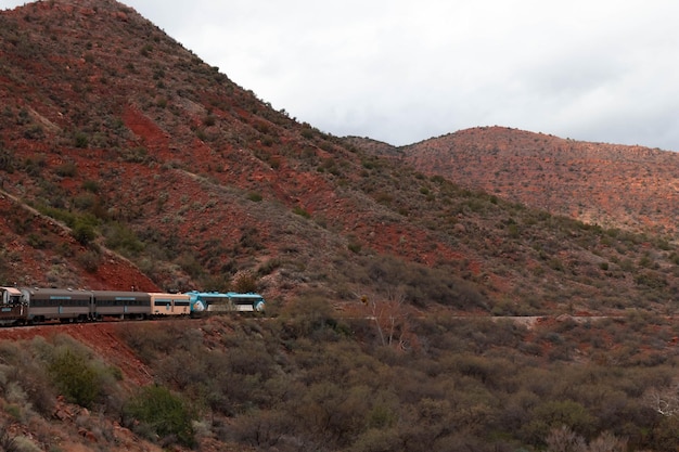 Foto paesaggio panoramico con vagoni ferroviari che corrono nel canyon verde