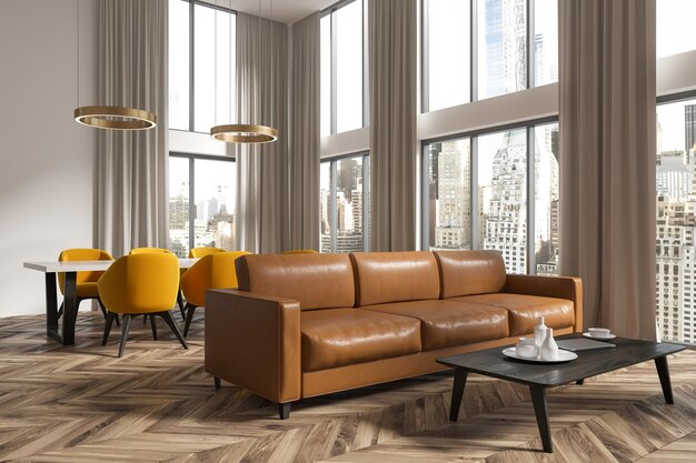 Photo panoramic living room corner with white walls, large windows with gray curtains, a leather sofa near a coffee table and a dining room table with yellow chairs in the background. 3d rendering